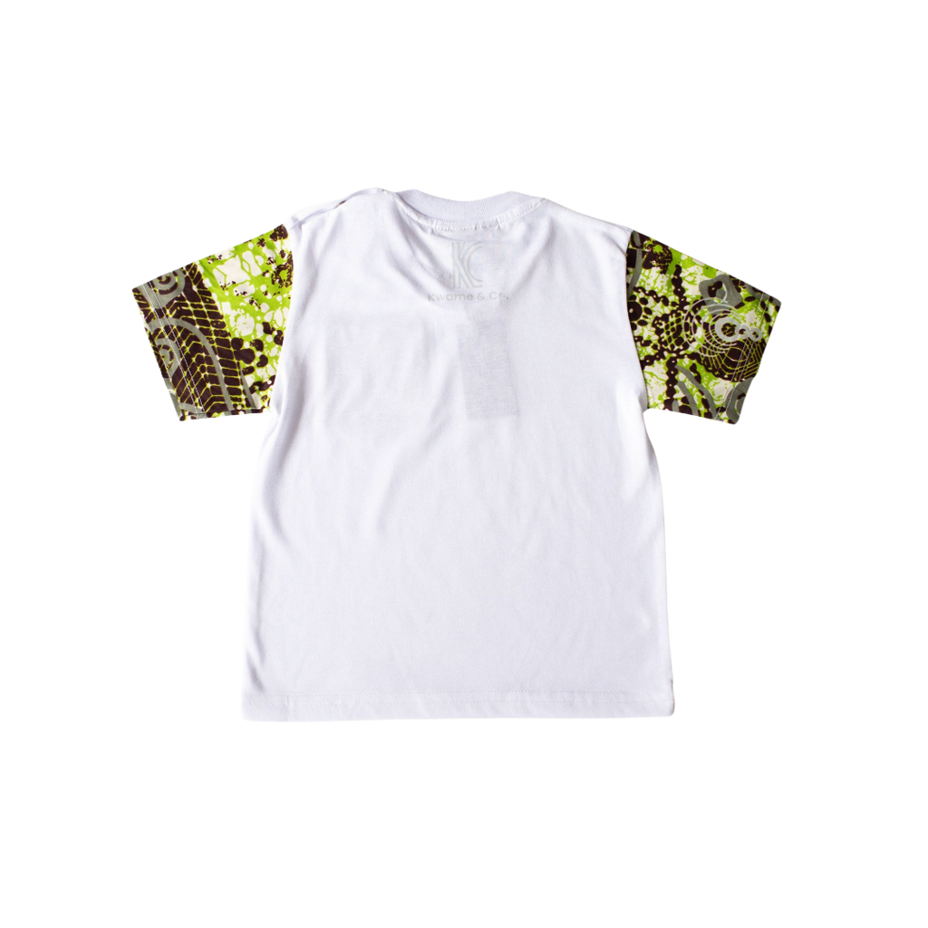 “Children’s white t-shirt with African print sleeve details — back view”