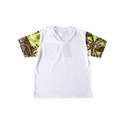 “Children’s white t-shirt with African print sleeve details — back view”