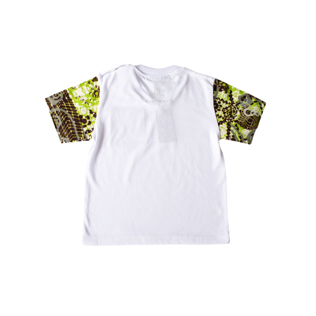 “Children’s white t-shirt with African print sleeve details — back view”