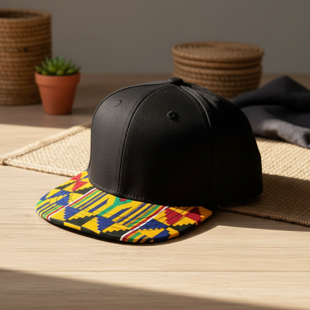 Kente Print Brim Snapback Cap - Black